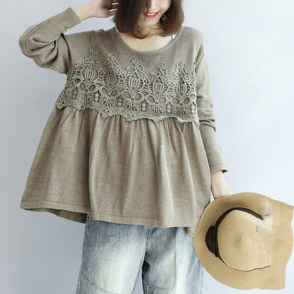 Khaki Knit Pullover Loose O Neck Sweater