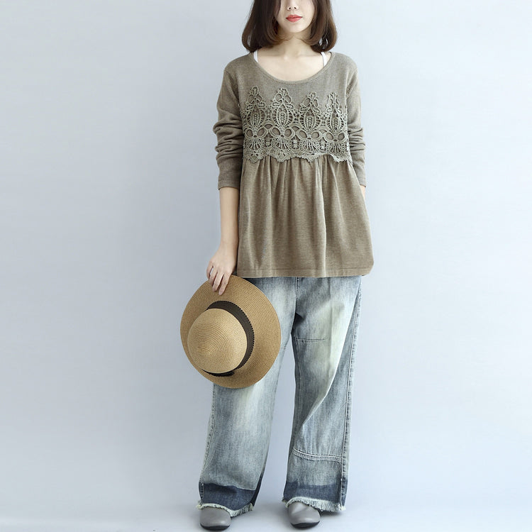 Khaki Knit Pullover Loose O Neck Sweater