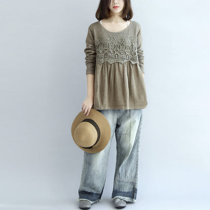 Khaki Knit Pullover Loose O Neck Sweater