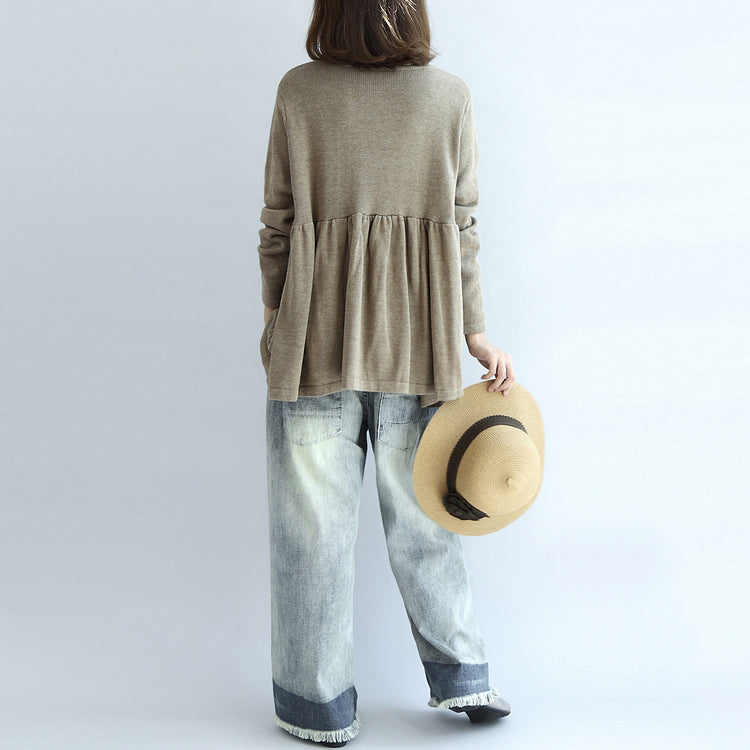 Khaki Knit Pullover Loose O Neck Sweater