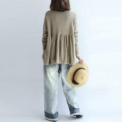 Khaki Knit Pullover Loose O Neck Sweater