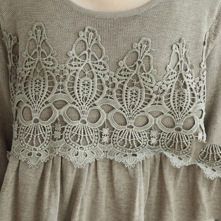 Khaki Knit Pullover Loose O Neck Sweater