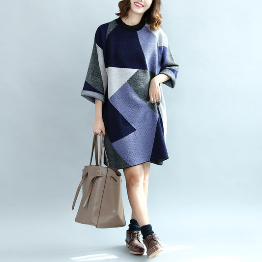 Geometric Patchwork Cotton Knit Dresses Bracelet Sleeved Sweater Dress