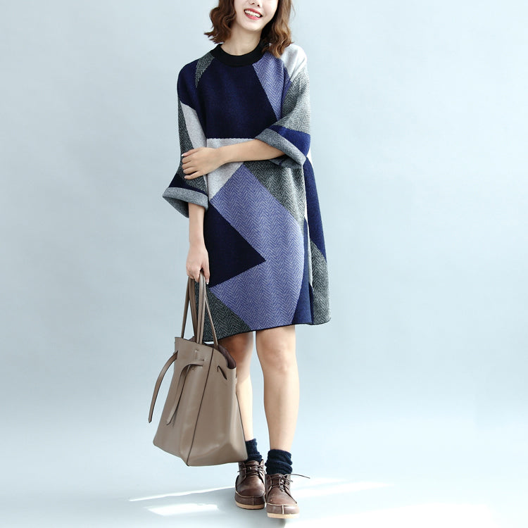 Geometric Patchwork Cotton Knit Dresses Bracelet Sleeved Sweater Dress