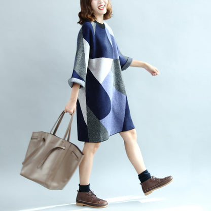 Geometric Patchwork Cotton Knit Dresses Bracelet Sleeved Sweater Dress