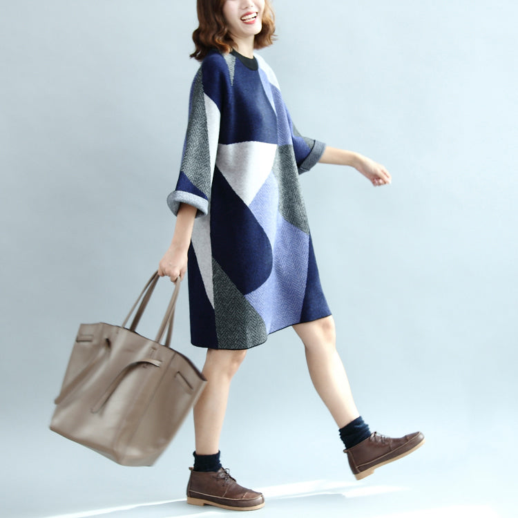 Geometric Patchwork Cotton Knit Dresses Bracelet Sleeved Sweater Dress