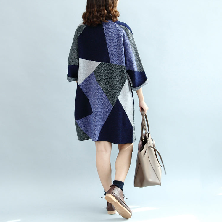 Geometric Patchwork Cotton Knit Dresses Bracelet Sleeved Sweater Dress