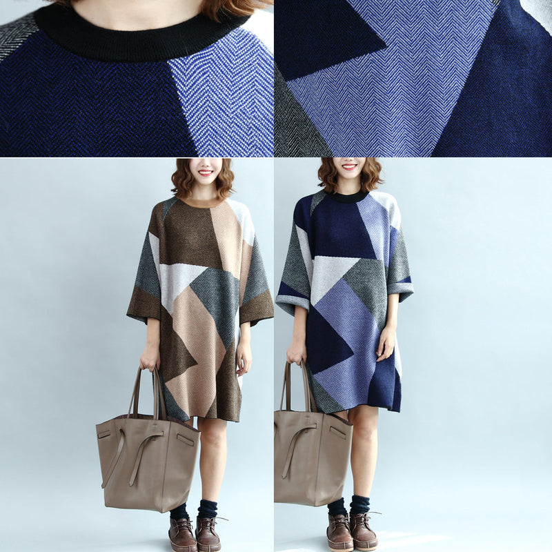 Geometric Patchwork Cotton Knit Dresses Bracelet Sleeved Sweater Dress