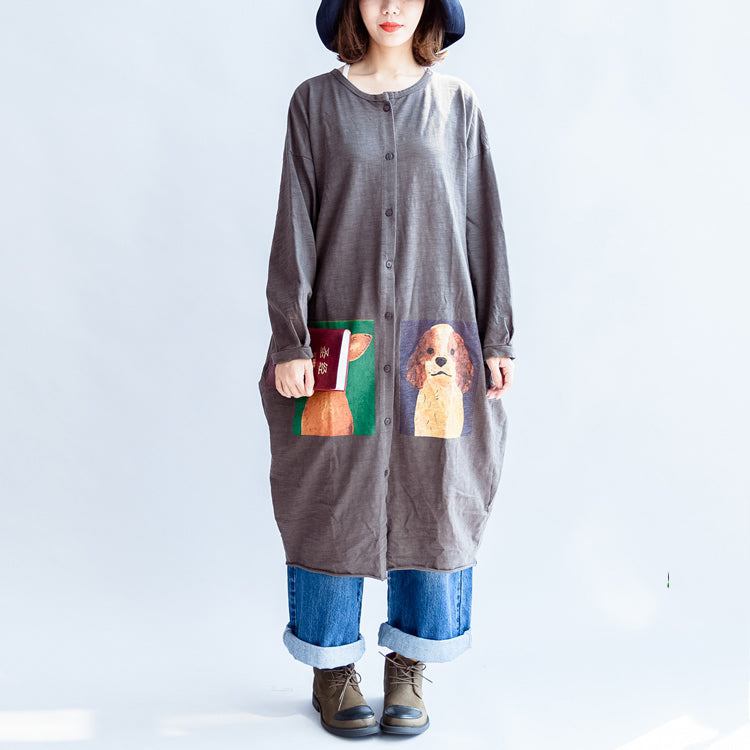 Gray Cartoon Print Cotton Cardigans Big Coats
