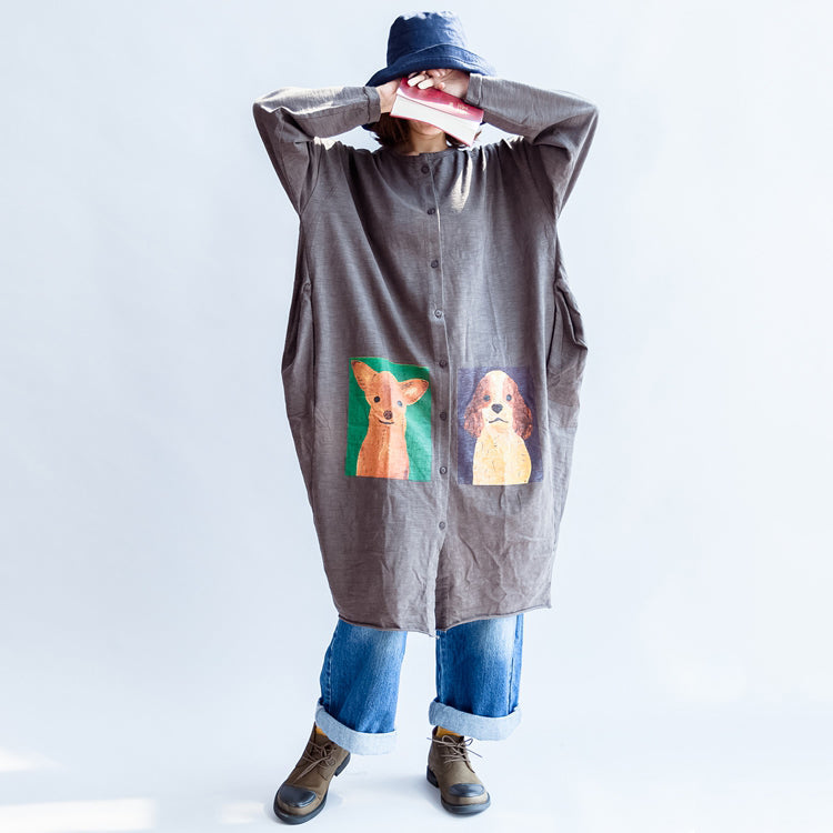 Gray Cartoon Print Cotton Cardigans Big Coats