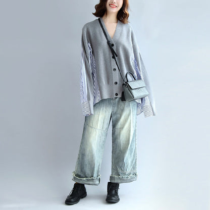 Gray Striped Cotton Patchwork Knit Cardigan Loose V Neck Sweater Blouse