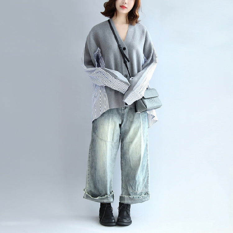 Gray Striped Cotton Patchwork Knit Cardigan Loose V Neck Sweater Blouse