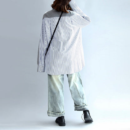 Gray Striped Cotton Patchwork Knit Cardigan Loose V Neck Sweater Blouse