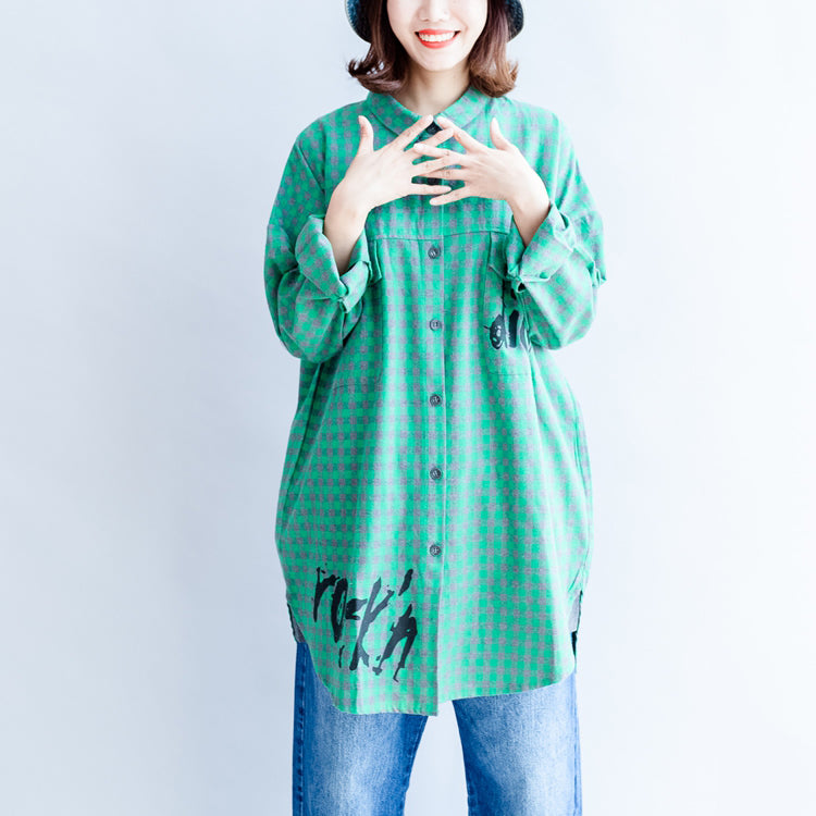 Green Cartoon Print Cotton Tops Baggy Loose Grid Long Sleeve Blouse