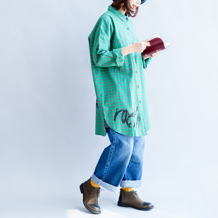 Green Cartoon Print Cotton Tops Baggy Loose Grid Long Sleeve Blouse