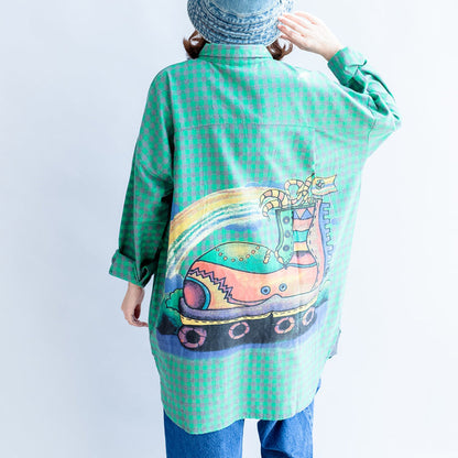 2025 green cartoon print cotton tops baggy loose grid casual long sleeve blouse