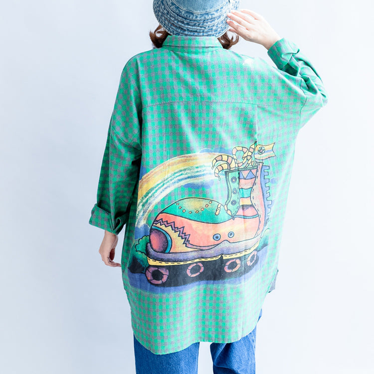 Green Cartoon Print Cotton Tops Baggy Loose Grid Long Sleeve Blouse