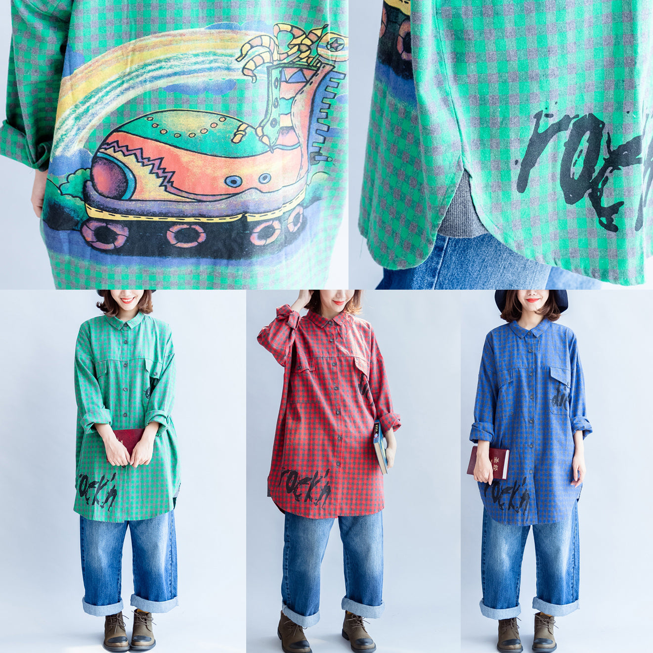 2025 green cartoon print cotton tops baggy loose grid casual long sleeve blouse