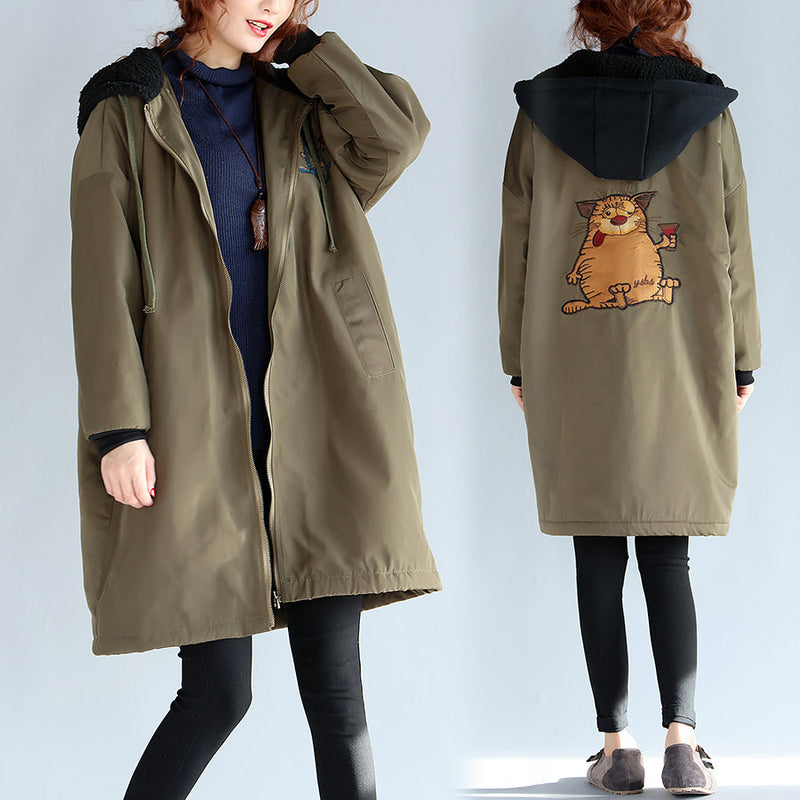 Green Cotton Thick Coats Cartoon Prints Hooded Warm Zippered Trench Coats