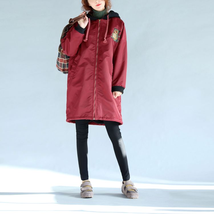 Green Cotton Thick Coats Cartoon Prints Hooded Warm Zippered Trench Coats