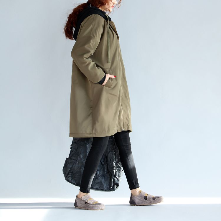 Green Cotton Thick Coats Cartoon Prints Hooded Warm Zippered Trench Coats