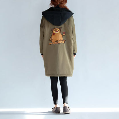 Green Cotton Thick Coats Cartoon Prints Hooded Warm Zippered Trench Coats