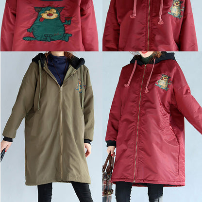 Green Cotton Thick Coats Cartoon Prints Hooded Warm Zippered Trench Coats