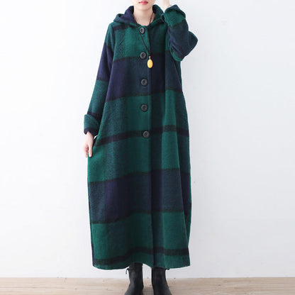 Green Woolen Coat Trench Coat Plaid Long Coats Hooded