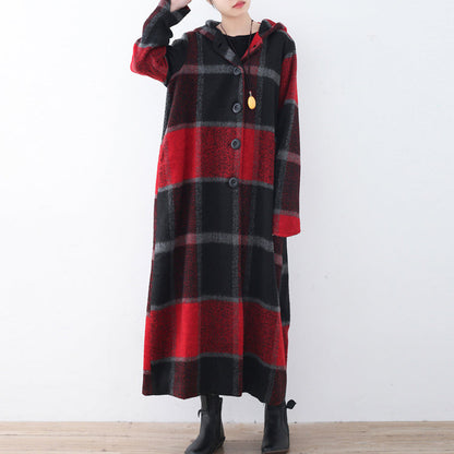 Green Woolen Coat Trench Coat Plaid Long Coats Hooded