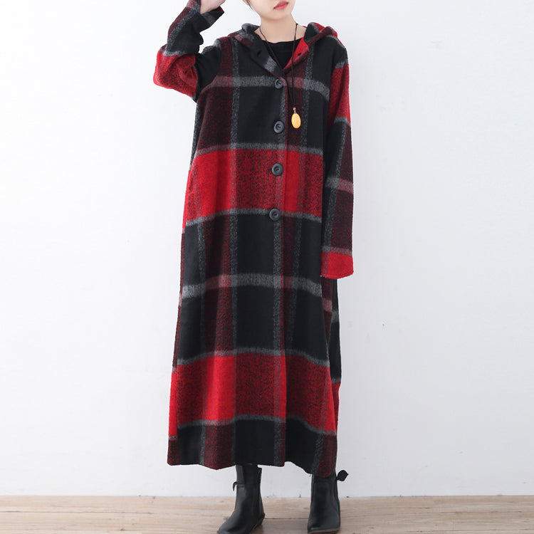 Green Woolen Coat Trench Coat Plaid Long Coats Hooded