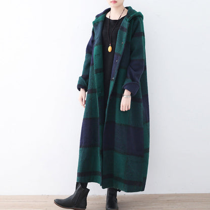 Green Woolen Coat Trench Coat Plaid Long Coats Hooded