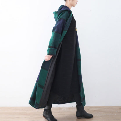 Green Woolen Coat Trench Coat Plaid Long Coats Hooded
