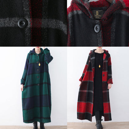 Green Woolen Coat Trench Coat Plaid Long Coats Hooded