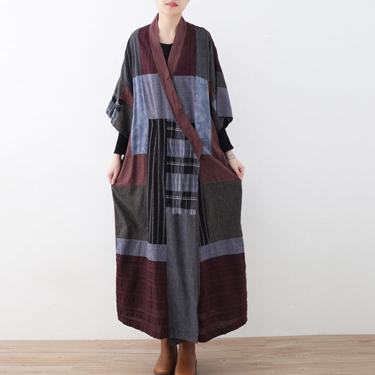 Multi Color Long Linen Dress Loose Fitting Patchwork Linen Gown New Tie Waist Caftans