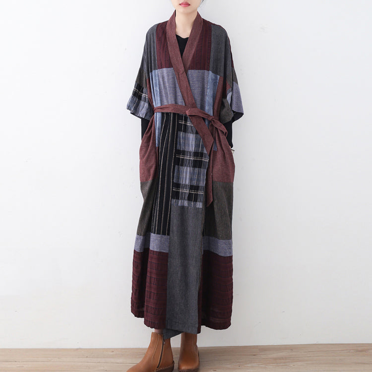 Multi Color Long Linen Dress Loose Fitting Patchwork Linen Gown New Tie Waist Caftans