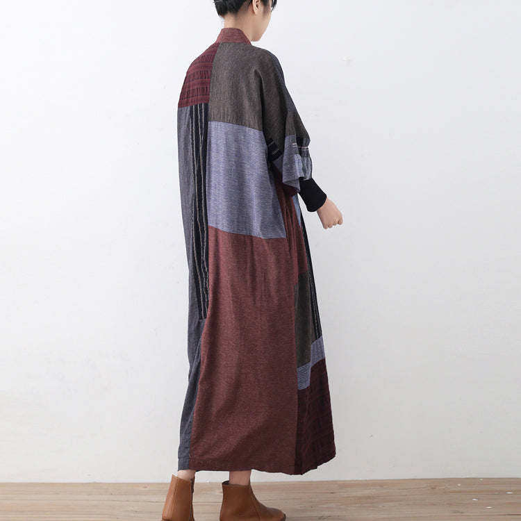 Multi Color Long Linen Dress Loose Fitting Patchwork Linen Gown New Tie Waist Caftans