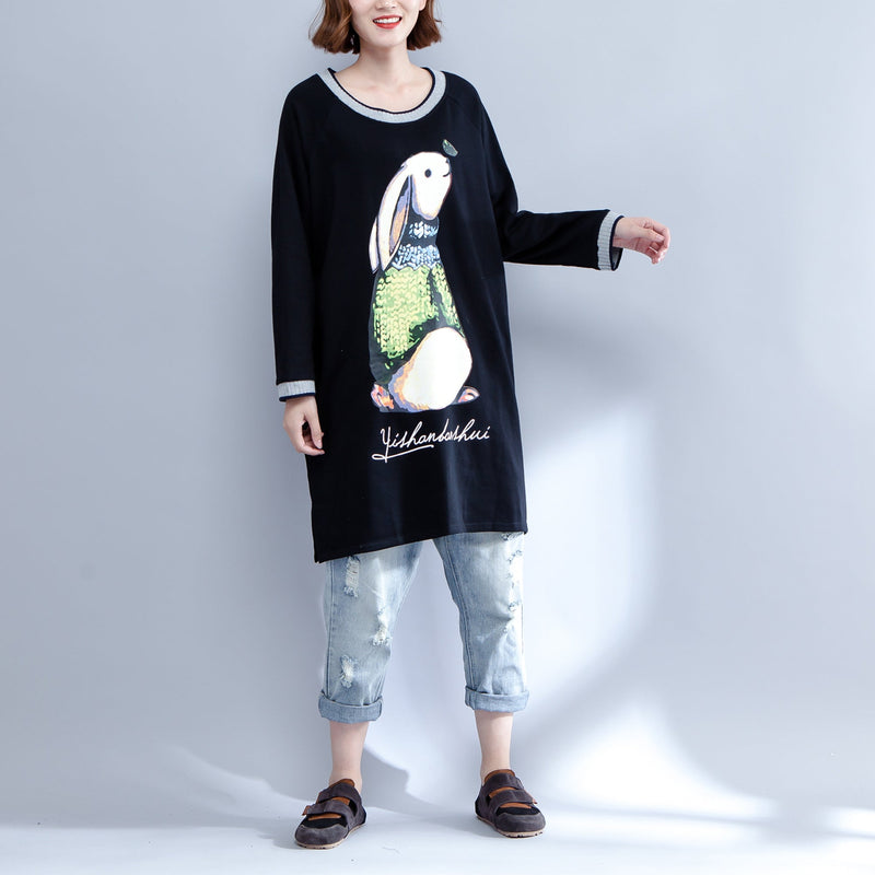 New Black Cotton Dresses Baggy Fit O Neck Dresses Animal Prints
