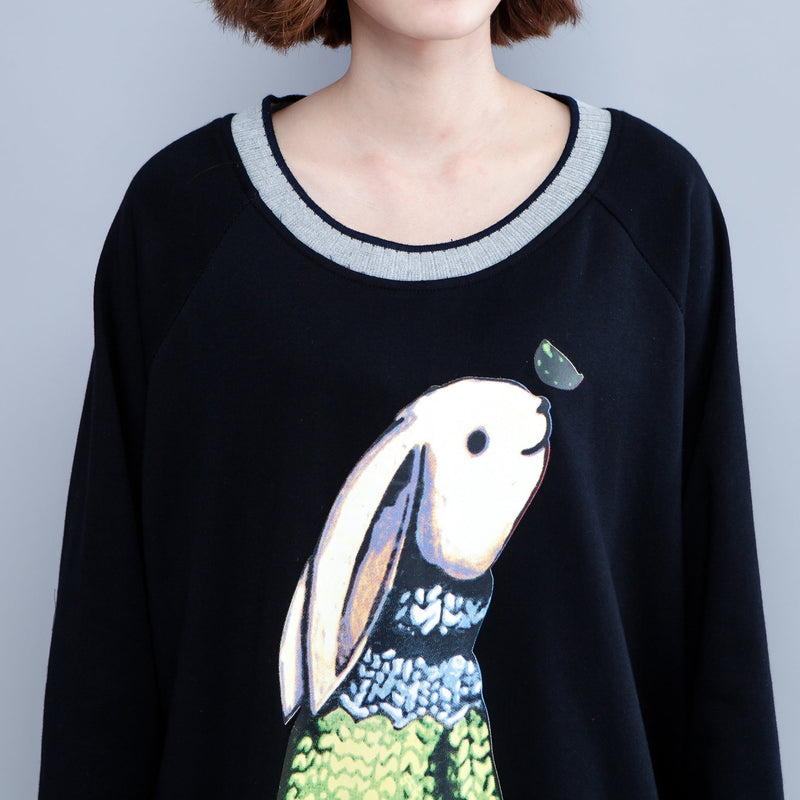 New Black Cotton Dresses Baggy Fit O Neck Dresses Animal Prints
