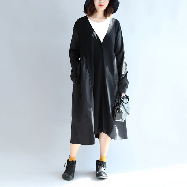New Black Patchwork Cotton Silk Outwear V Neck Large Hem Cardigans