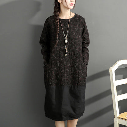 New Black Prints Cotton Dresses Oversize Long Sleeve Thick Warm Dress