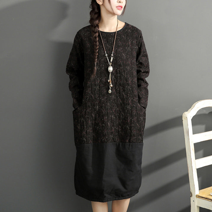 New Black Prints Cotton Dresses Oversize Long Sleeve Thick Warm Dress