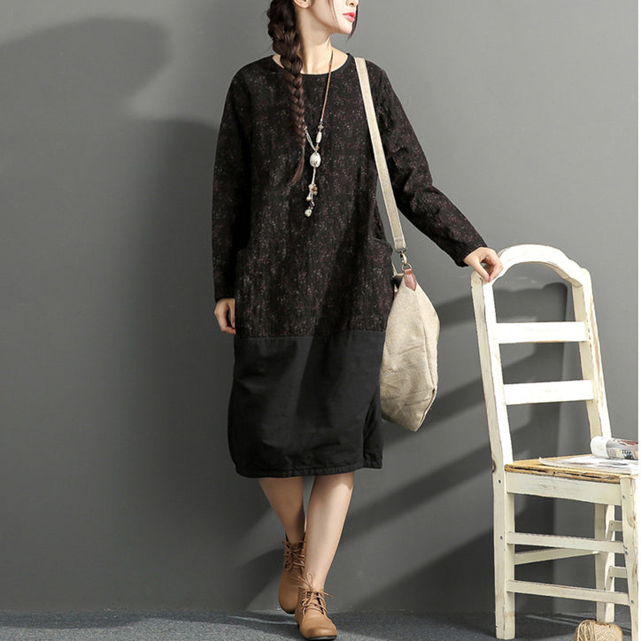 New Black Prints Cotton Dresses Oversize Long Sleeve Thick Warm Dress