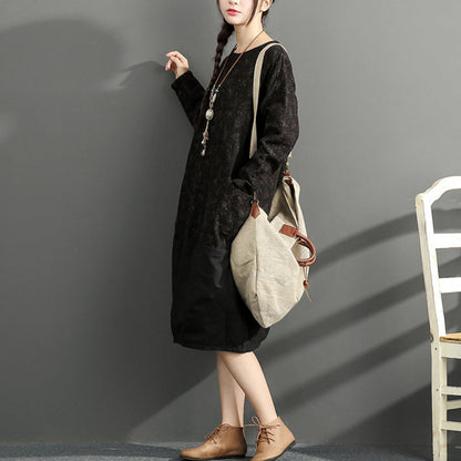 New Black Prints Cotton Dresses Oversize Long Sleeve Thick Warm Dress
