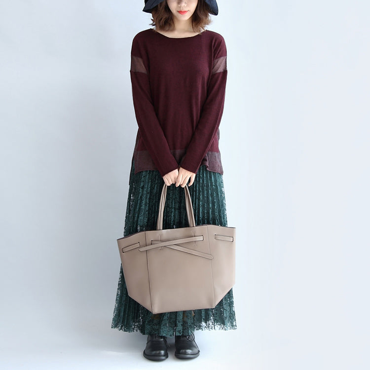 New Burgundy Patchwork Woolen Blended Knit Tops Pullover Sweater Side Open