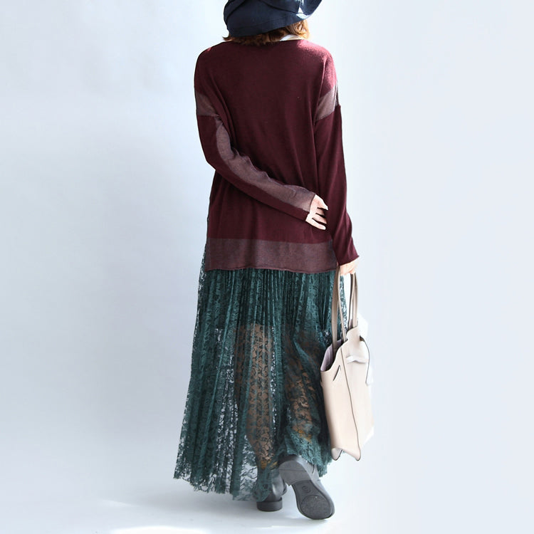 New Burgundy Patchwork Woolen Blended Knit Tops Pullover Sweater Side Open