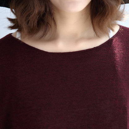 New Burgundy Patchwork Woolen Blended Knit Tops Pullover Sweater Side Open