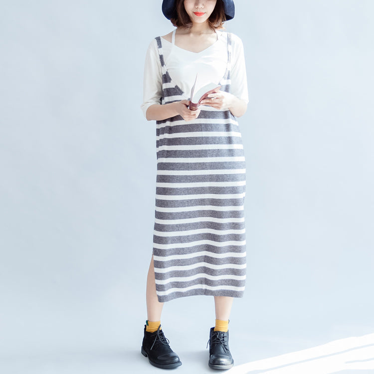 New Gray White Striped Sweater Sleeveless Dresses Loose Dress Side Open