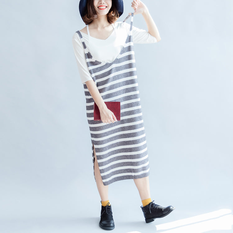 New Gray White Striped Sweater Sleeveless Dresses Loose Dress Side Open