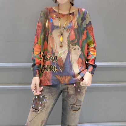 New Girl Prints Cotton Sweater O Neck Pullover Knit Tops