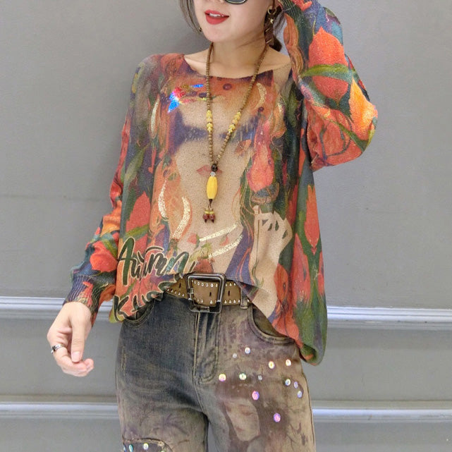 New Girl Prints Cotton Sweater O Neck Pullover Knit Tops